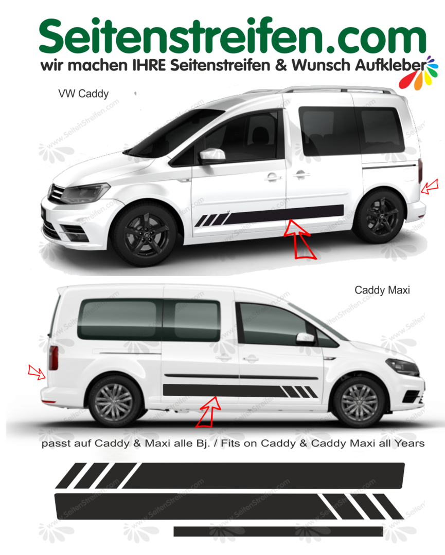 VW Caddy & Caddy Maxi - EDITION without text - Side Stripes Graphics Decals Sticker Kit - N° 1011