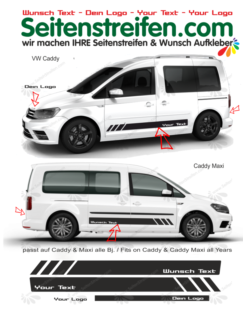VW Caddy & Caddy Maxi - EDITION YOUR TEXT - Side Stripes Graphics Decals Sticker Kit - N° 1013