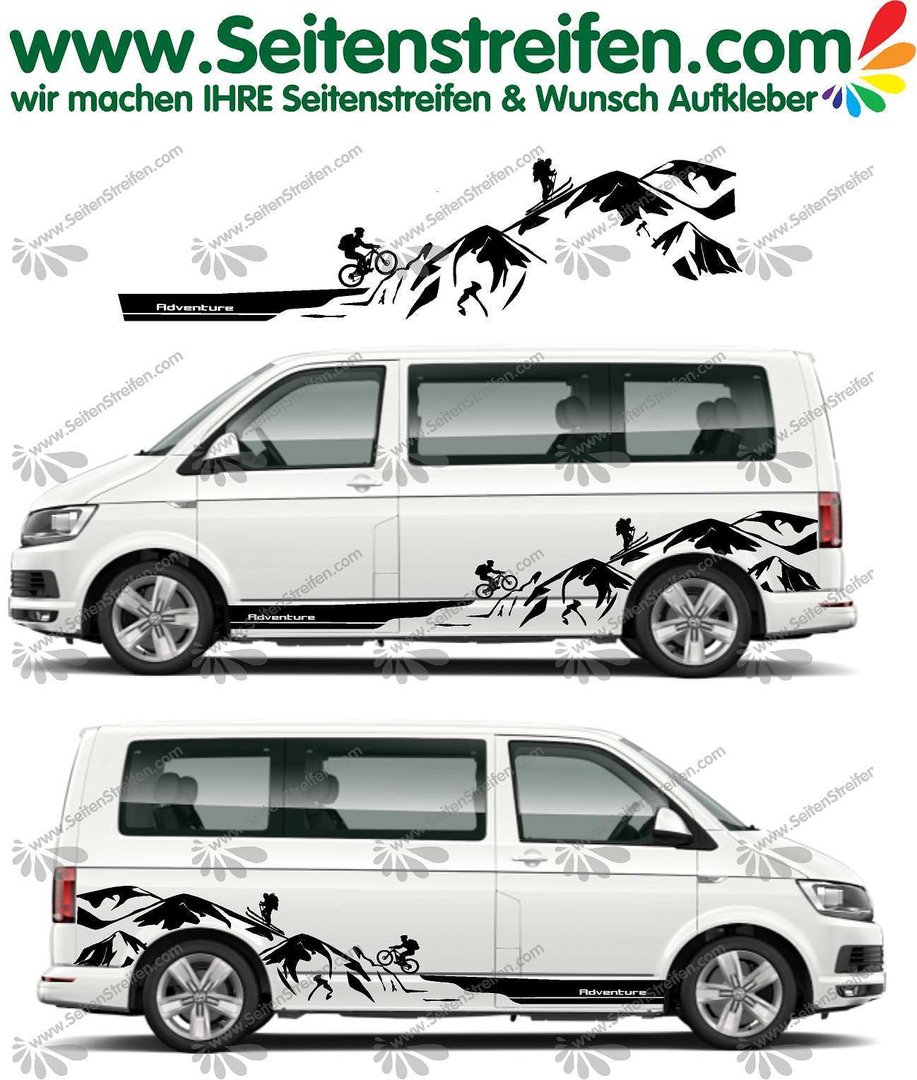 VW Bus T4 T5 T6 Adventure Berge Mountain Alpen Seitenstreifen Aufkleber komplett Set- Nr.: U1451