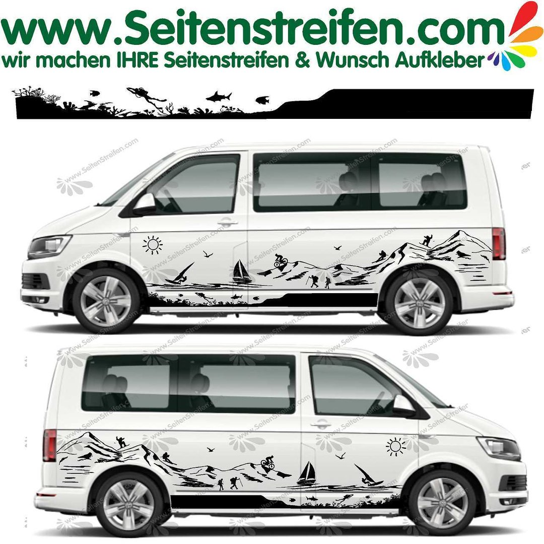 VW Bus T4 T5 T6 - Diver Shark Ski  Mountains Sea Snow XXL Graphics Decals Sticker Kit - N° U1454