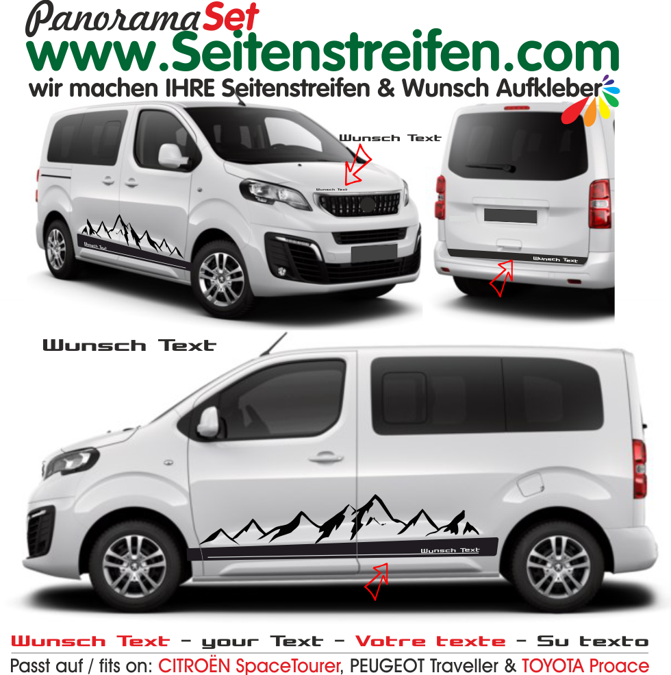 Peugeot Traveller & Expert Wunsch Text Berge Mountain Aufkleber Seitenstreifen Dekor Set  N° 4003