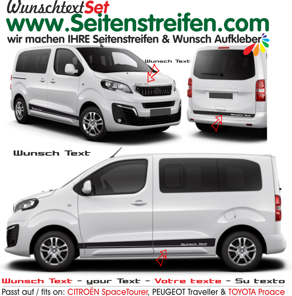 Peugeot Traveller & Expert - YOUR TEXT - Side Stripes Graphics Decals Sticker Kit - N° 4004