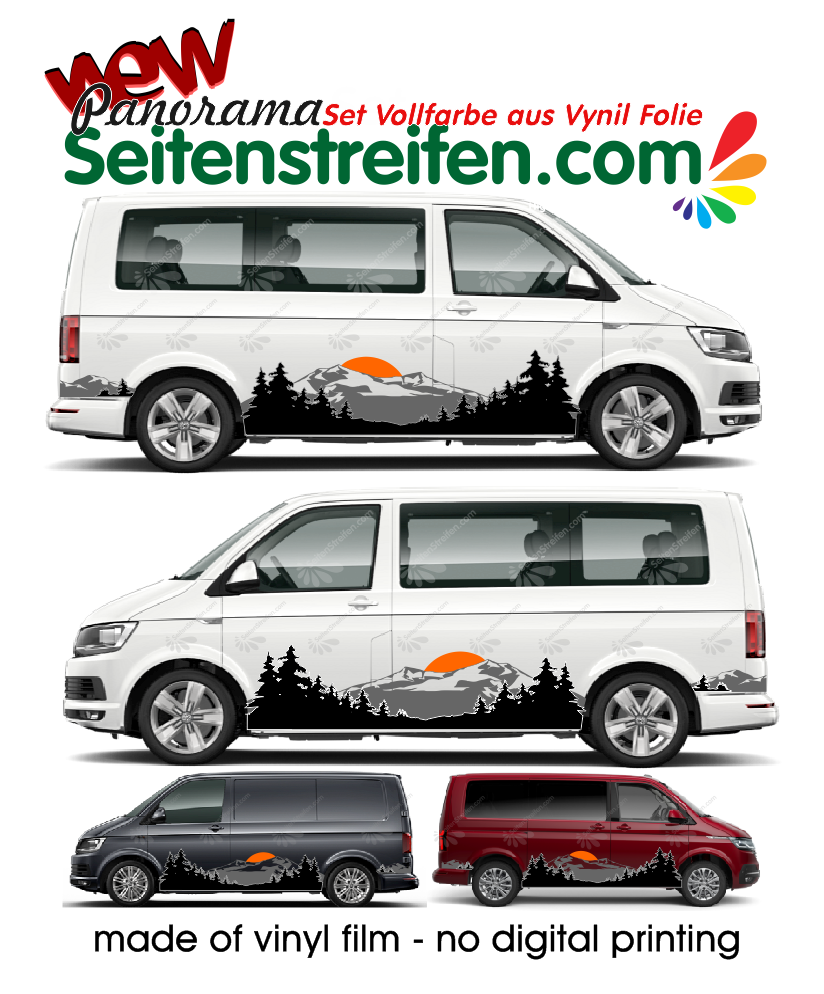 VW T4 T5 T6 montagnes forêt soleil 2D Autocollant Sticker Set couleurs: noir gris et orange