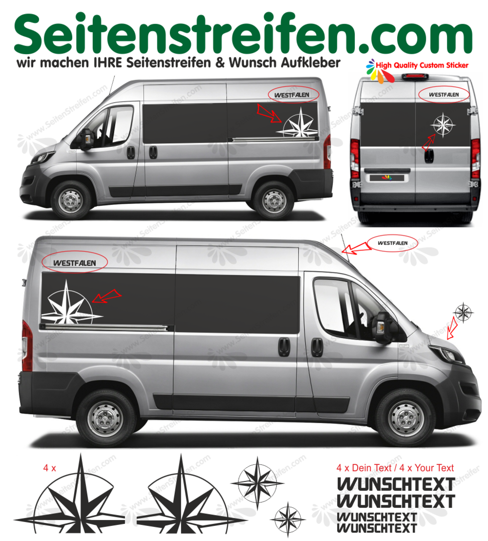 Citroën Jumper all years & lengths - 4x Wind Rose YOUR TEXT - Graphics Decals Sticker Kit - N° 9082