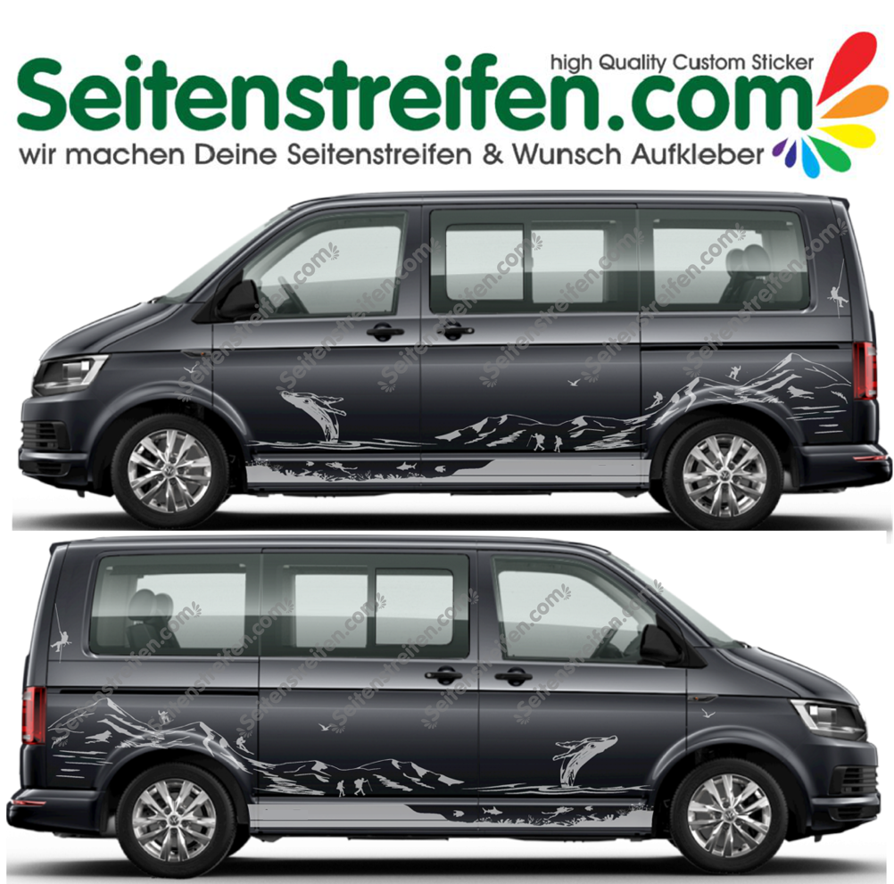 VW T4 T5 T6 - Montañas Whale Diver - pegatinas laterales sticker adhesivo set - U8894