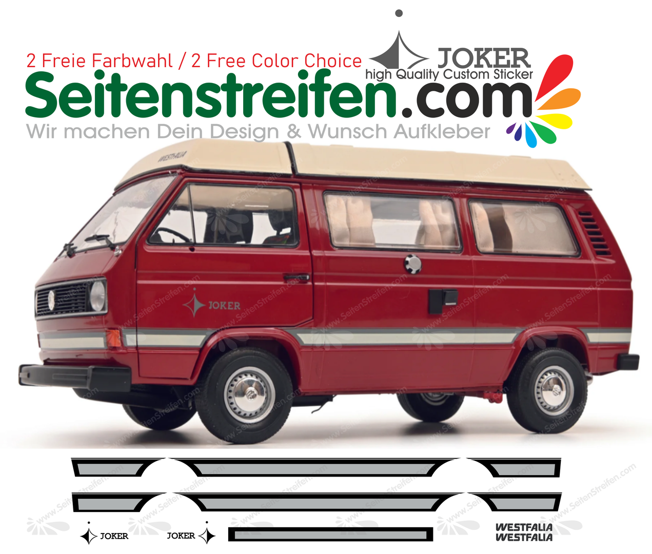 VW T3 Westfalia Joker 2 Farbiges Replika Seitenstreifen Aufkleber Dekor Set - Art. Nr.: 8681