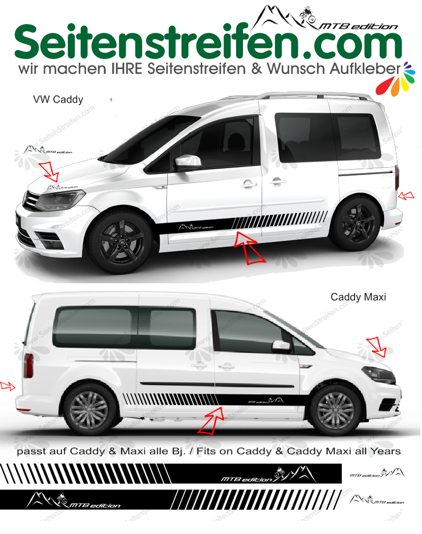 VW Caddy & Caddy Maxi - MTB edition dekor bande latérale autocollant ensemble complet - N° 9119