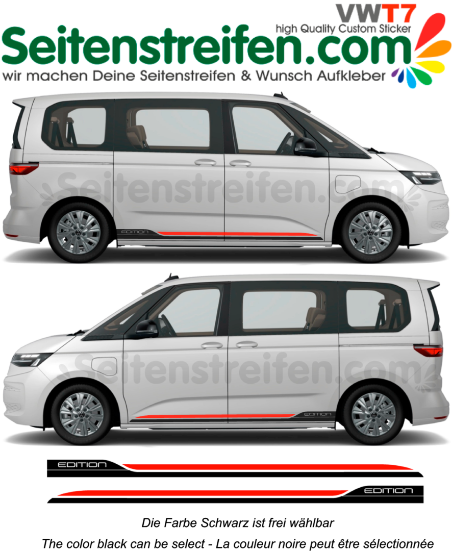 VW Bus T7 - Bicolor Black /Red - Edition 2021 - Side Stripes Graphics Decals Sticker Kit - N° 2092
