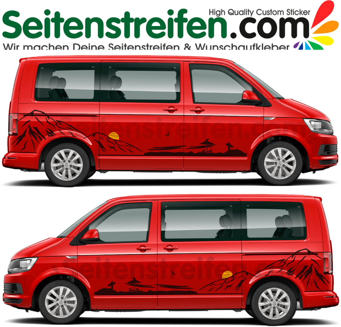 VW Bus T4 T5 T6  -  Beach Edition - Sonne in orange - Seitenstreifen Aufkleber Set - 2119