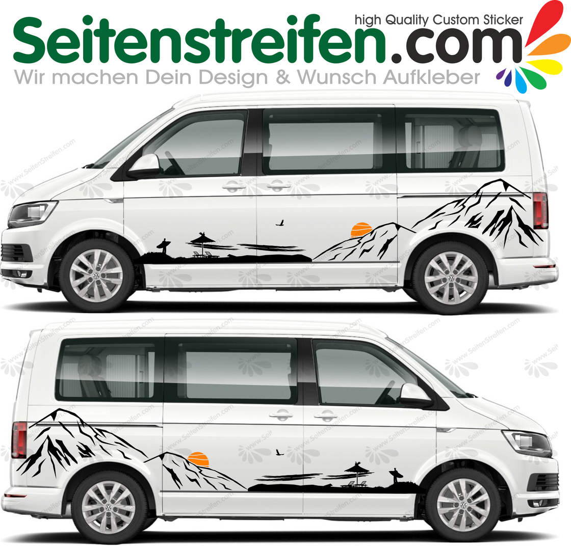 VW Bus T4 T5 T6 - Beach Edition - sole arancione - Set di adesivi strisce laterali - 2119