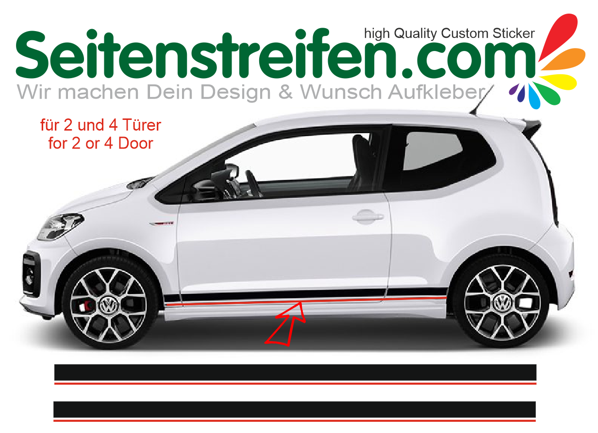 VW Up GTI Bicolor Schwarz Rote Seitenstreifen Aufkleber Dekor Sticker Set - 7530