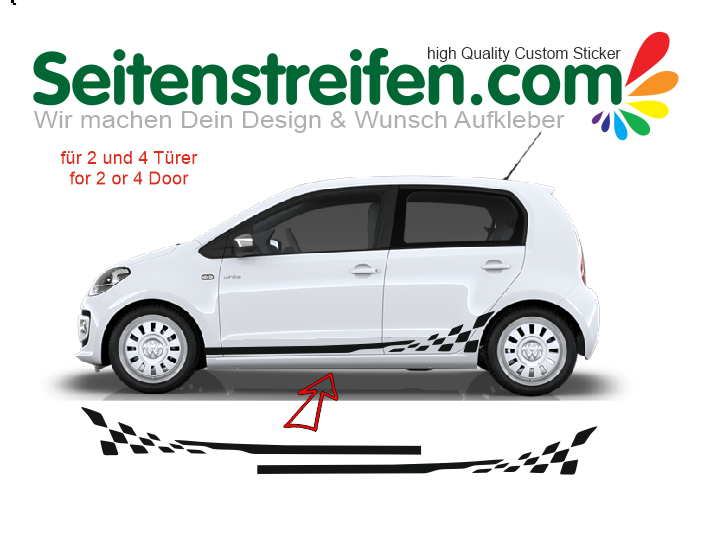 VW Up - Checker XL fits 2 + 4 Doors - Side Stripes Graphics Decals Sticker Kit - 7533
