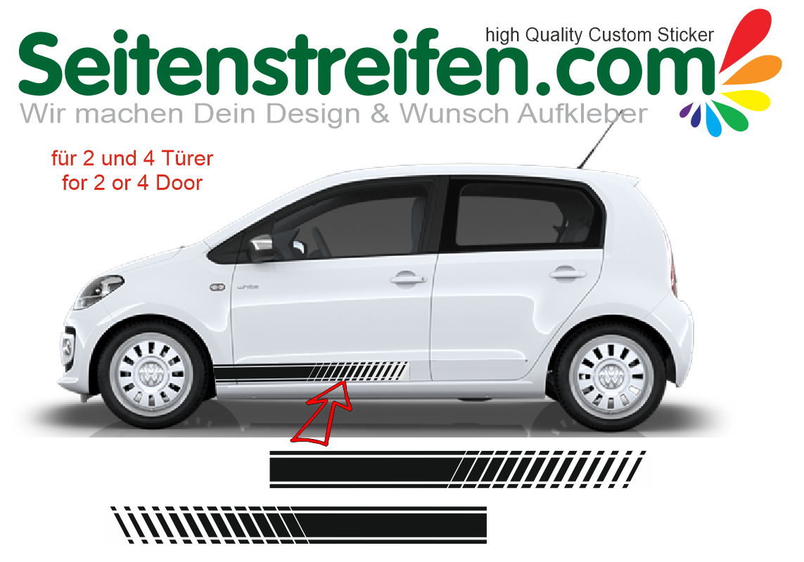 VW Up - fits 2 + 4 Doors - Side Stripes Graphics Decals Sticker Kit - 7539