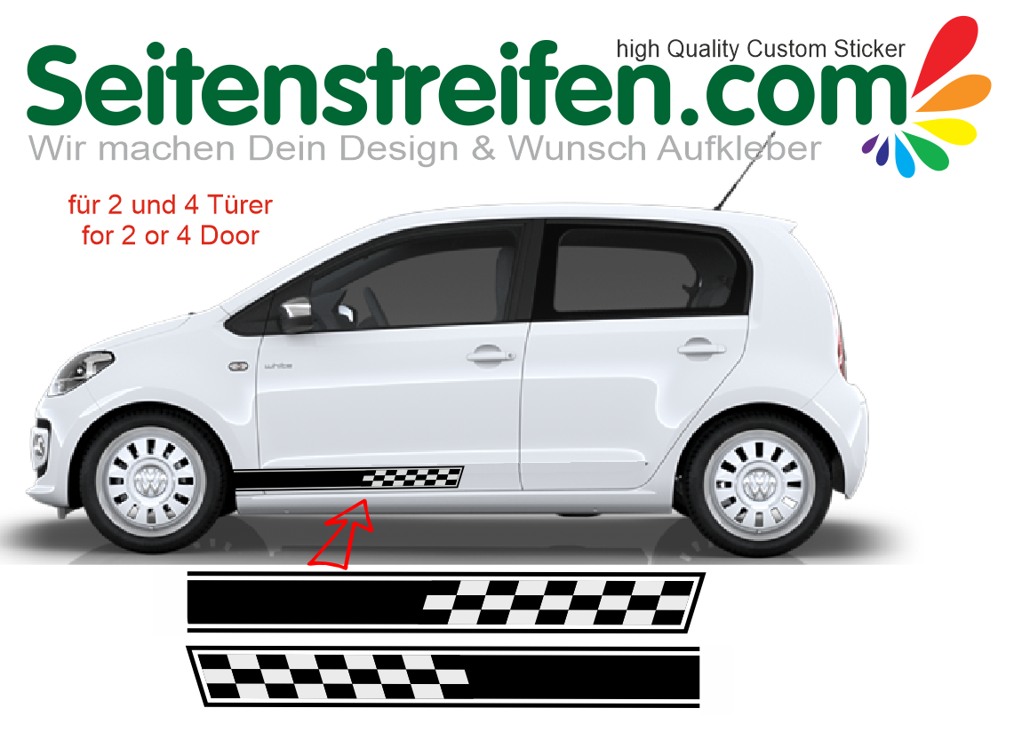VW Up - Checker fits 2 + 4 Doors - Side Stripes Graphics Decals Sticker Kit - 7543