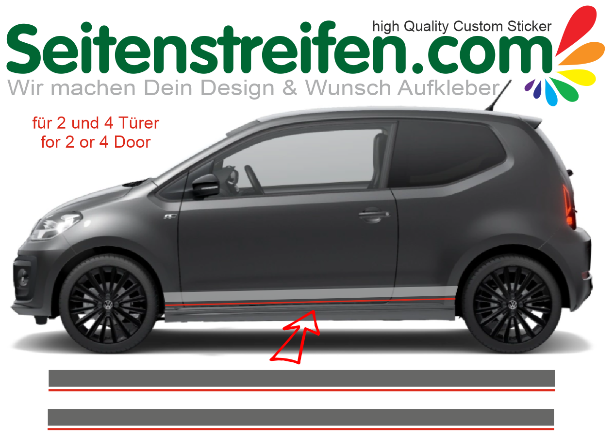 VW Up GTI Bicolor Grau mit Rot Seitenstreifen Aufkleber Dekor Sticker Set  -  7529