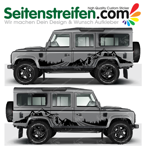 Land Rover Defender Berge Mountain und Wheels Wald Outdoor Aufkleber Dekor Set - 8008