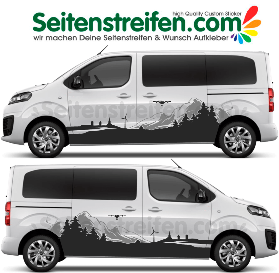 Peugeot Traveller Landschaft Berg Wald Drohne Aufkleber Dekor Set in 2 Farben Schwarz und Grau