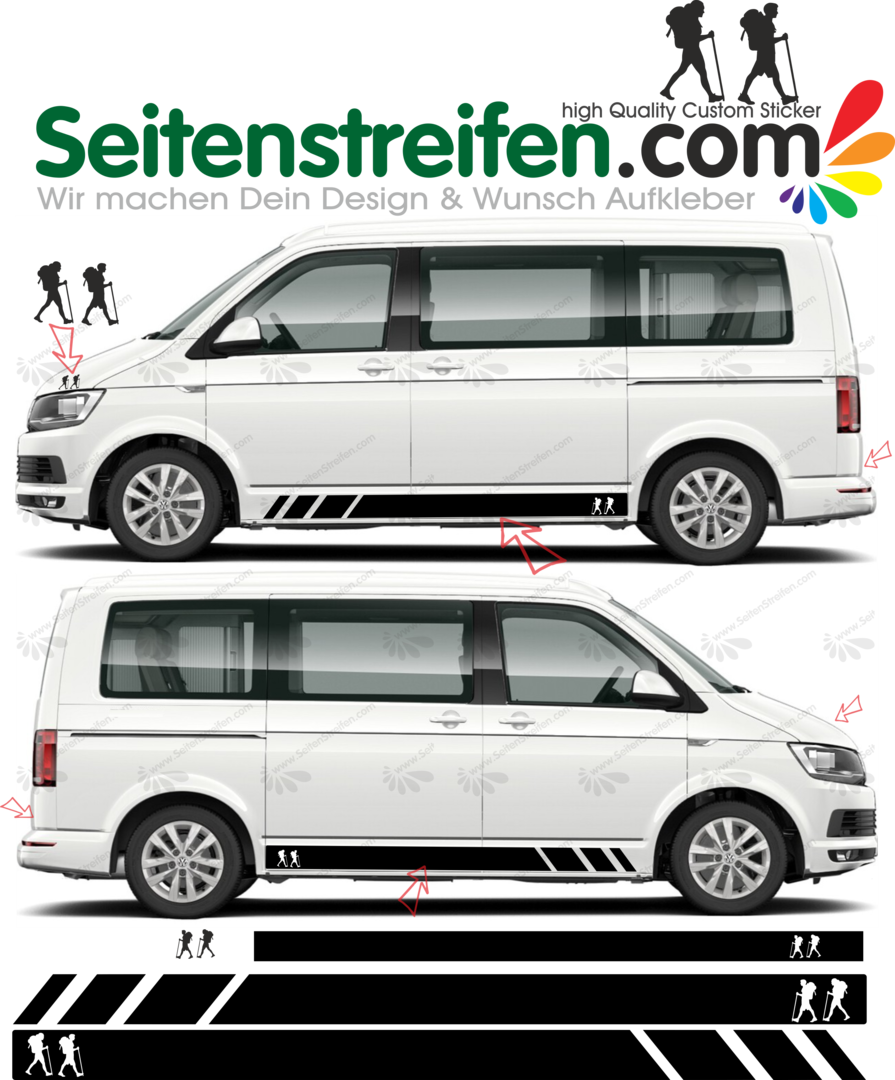 VW BUS T4 T5 T6 Wandern Wanderer Seitenstreifen Aufkleber Dekor Sticker Set - D1011