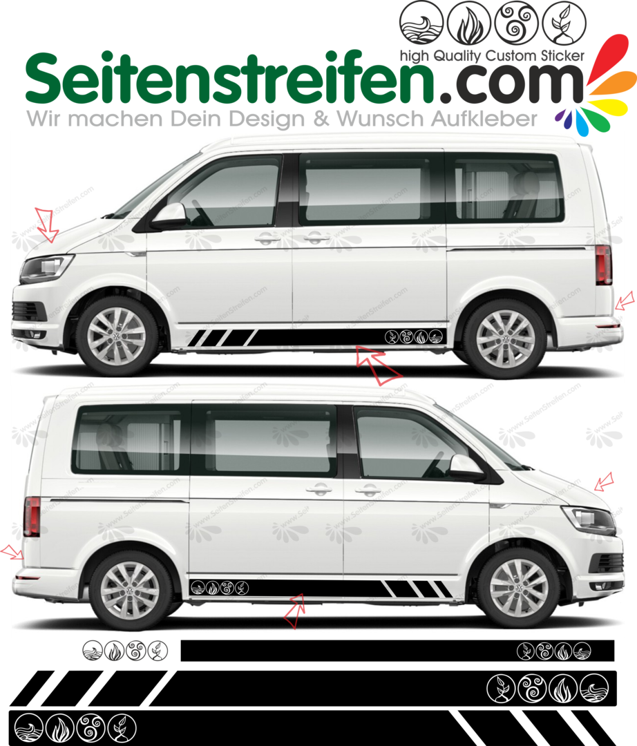 VW T4 T5 T6 - 4 elements, air, fire, earth, water, Side Stripes Graphics Decals Sticker Kit