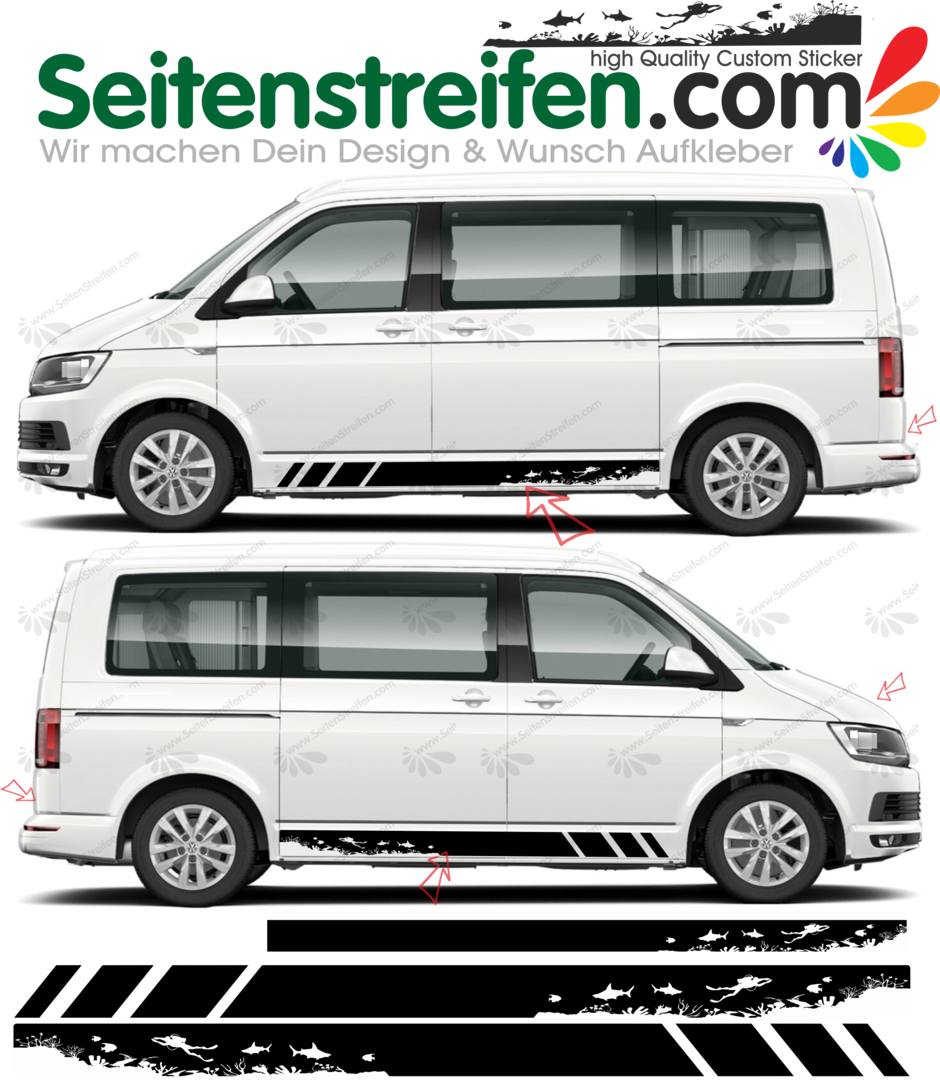 VW T4 T5 T6 - diving, under water, fish, Side Stripes Graphics Decals Sticker Kit