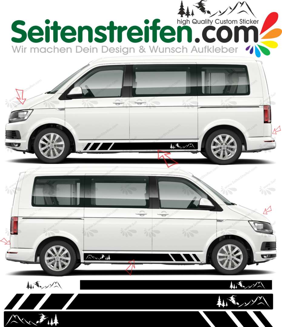 VW BUS T4 T5 T6 Schwarzwald Hexe Seitenstreifen Aufkleber Dekor Sticker Set - D1012