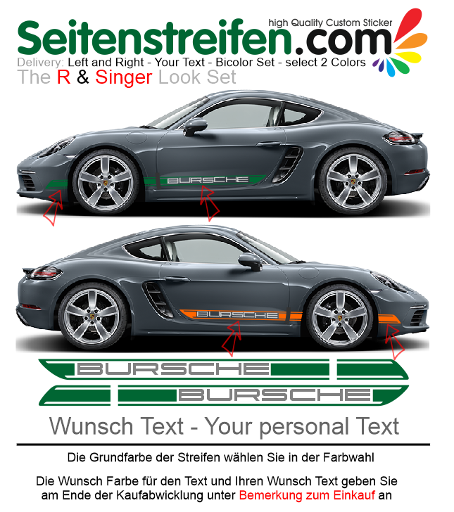 Porsche Cayman - požadovaný text - Singer Bicolor nálepky, dekorační autokolant, sticker
