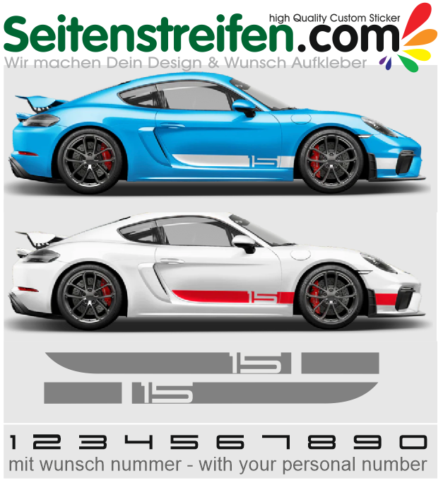 Porsche Cayman GT4 Sports Cup Edition - Wunsch Nummer - Aufkleber Streifen Dekor Set - 3324