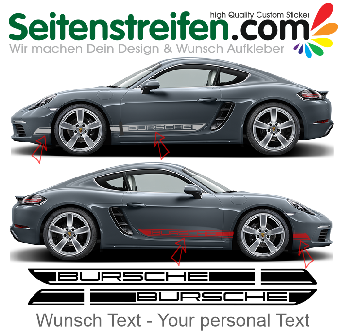 Porsche Cayman - požadovaný text - Singer Bicolor nálepky, dekorační autokolant, sticker
