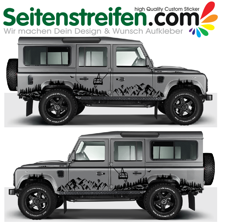 Land Rover Defender - Berge Wald Ski Snowboard Sessellift - Aufkleber Dekor Set - 8017