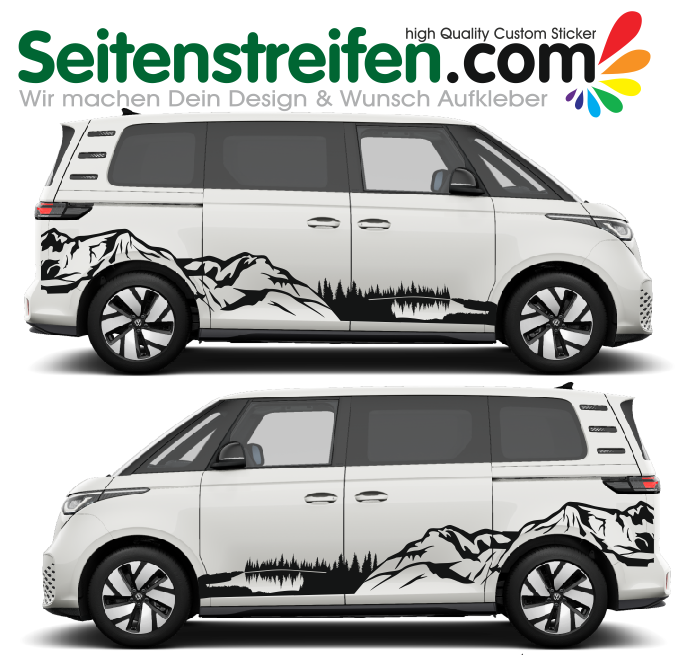 VW ID Buzz / Buzz Cargo - black forest outdoor mountain  - Side Stripes Graphics Decals Sticker Kit