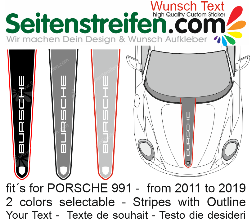 PORSCHE 911 / 991 - GT3 RS Wunsch Text Hauben Aufkleber Dekor Sticker - 7392
