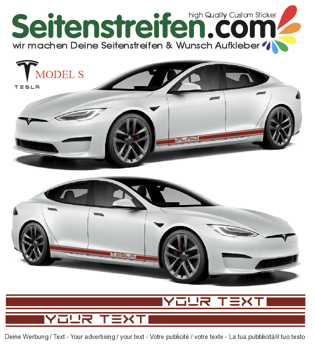 TESLA Model S - Požadovaný text - sada bočních polepů - nálepky - polepy - sticker set