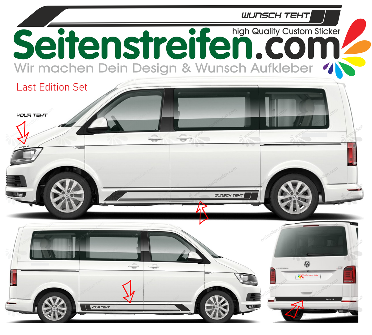 VW Bus T5 T6 - Wunsch Text - Last Edition - Seitenstreifen Aufkleber Dekor Sticker Set - D9914